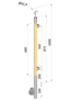 dřevěný sloup, boční kotvení, výplň: sklo, pravý, vrch nastavitelný (ø 42mm), materiál: buk, broušený povrch bez nátěru