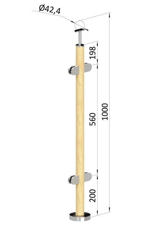 dřevěný sloup, vrchní kotvení, výplň: sklo, průchozí, vrch pevný (ø 42mm), materiál: buk, broušený povrch bez nátěru