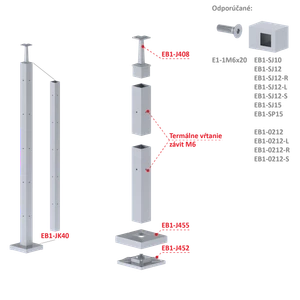 Nerezový sloup, vrchní kotvení, 5 řadový rohový M6, vrch pevný - slide 1