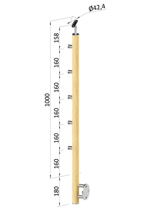 drevený stĺp, bočné kotvenie, 5 radový, priechodný, vonkajší, vrch nastaviteľný (ø 42mm), materiál: buk, brúsený povrch bez náteru - slide 0