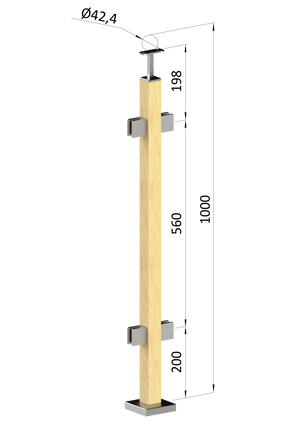 Dřevěný sloup, vrchní kotvení, výplň: sklo, průchozí, vrch pevný (40x40 mm), materiál: buk, broušený povrch bez nátěru - slide 0