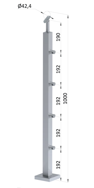nerezový stĺp, vrchné kotvenie, 4 radový priechodný, vrch nastaviteľný (40x40mm), brúsená nerez K320 /AISI304 - slide 0