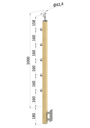 Dřevěný sloup, boční kotvení, 5 řadový, průchozí, vnější, vrch nastavitelný (40x40 mm), materiál: buk, broušený povrch s nátěrem BORI (bezbarvý) - slide 0