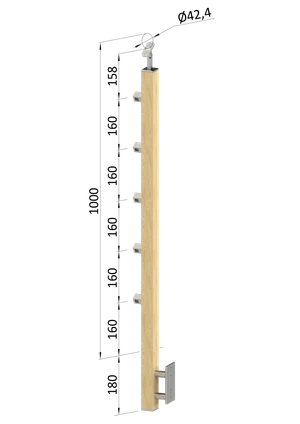 Dřevěný sloup, boční kotvení, 5 řadový, průchozí, vnější, vrch nastavitelný (40x40 mm), materiál: buk, broušený povrch s nátěrem BORI (bezbarvý) - slide 0