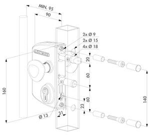 Kazetový elektrický zámek s funkcí Fail Close pro montáž na čtvercový profil (kazeta, zámek, hliníková koule, cylindrická vložka), volitelná barva RAL - slide 1