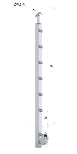 Nerezový sloup, boční kotvení, 6 řadový průchodný, vnitřní, vrch nastavitelný, (40x40 mm), broušená nerez K320 / AISI304