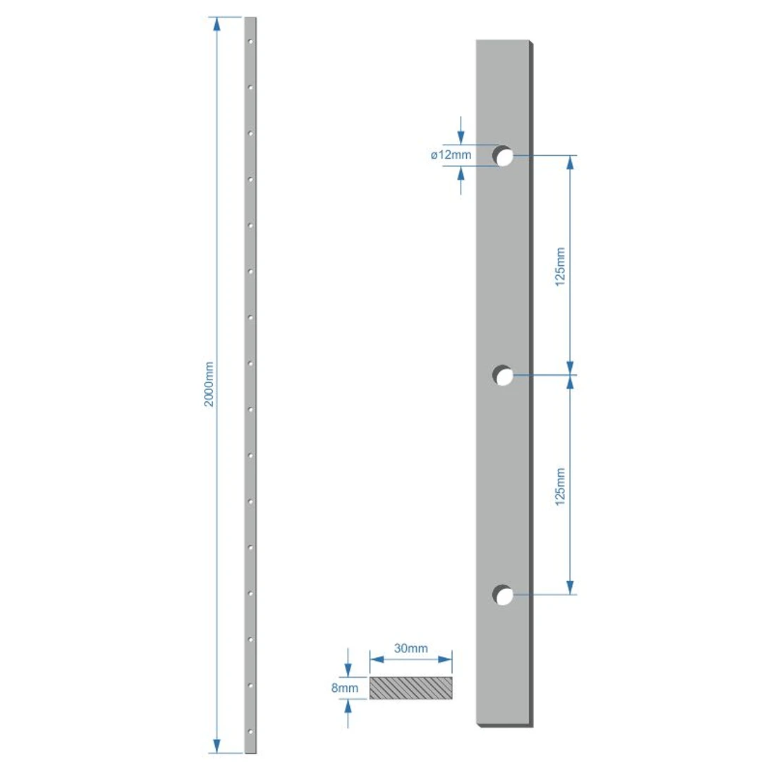 tyč plochá 30x8mm, rozteč dier 125mm, diera  12mm, 2000mm