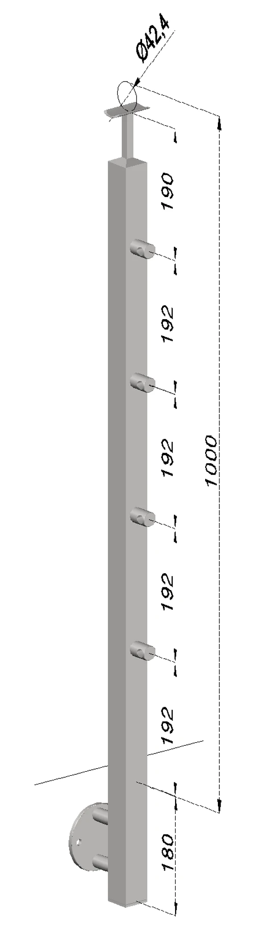 nerezový stĺp, bočné kotvenie, 4 radový priechodný, vonkajší, vrch pevný (40x40mm), brúsená nerez K320 /AISI304
