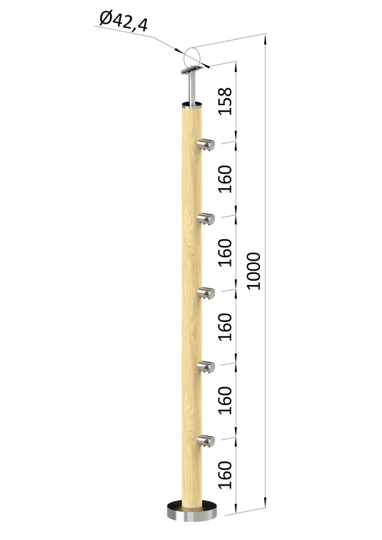 dřevěný sloup, vrchní kotvení, 5 řadový, průchozí, vrch pevný (ø 42mm), materiál: buk, broušený povrch bez nátěru