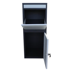 Box na balíky (410x385x1020mm) s přepadovou lištou na ochranu balíků, tloušťka 0.8mm) velikost balíku: 320x300x260mm, barva: Černé tělo + bílý vhod - slide 1