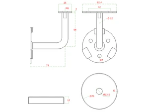 držiak madla na stenu s krytkou kotviacej platne (pevný, plochý), odsadenie 73 mm, oceľ bez povrchovej úpravy - slide 2