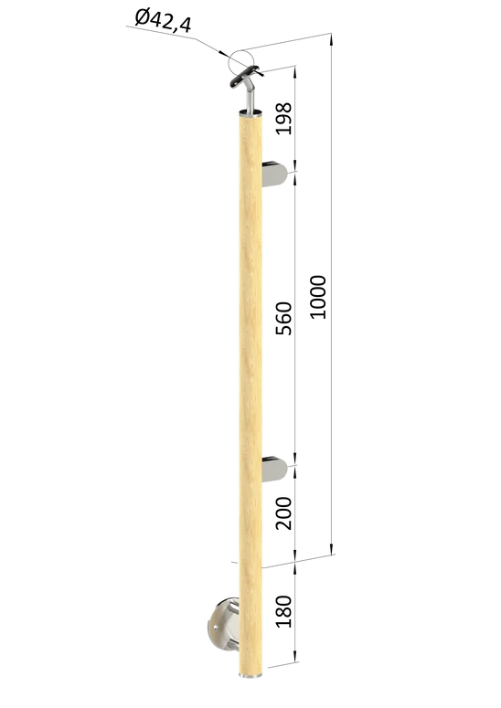 dřevěný sloup, boční kotvení, výplň: sklo, pravý, vrch nastavitelný (ø 42mm), materiál: buk, broušený povrch s nátěrem BORI (bezbarvý)