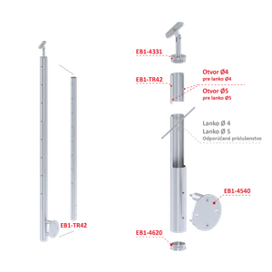 nerezový stĺp, bočné kotvenie, 8 dierový priechodný na lanko, vrch nastaviteľný, (ø 42.4x2mm), brúsená nerez K320 /AISI304 - slide 2