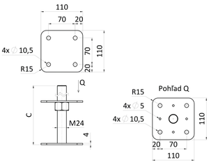 Kotvící patka pilíře 110x110 s pevnou horní deskou 110x110, maticí M24, pozink, výška 200mm - slide 1