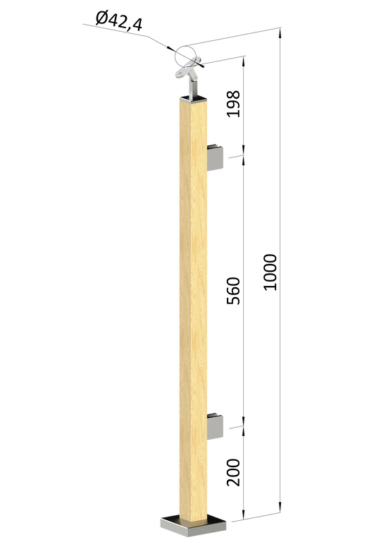 dřevěný sloup, vrchní kotvení, výplň: sklo, pravý, vrch nastavitelný (40x40mm), materiál: buk, broušený povrch bez nátěru