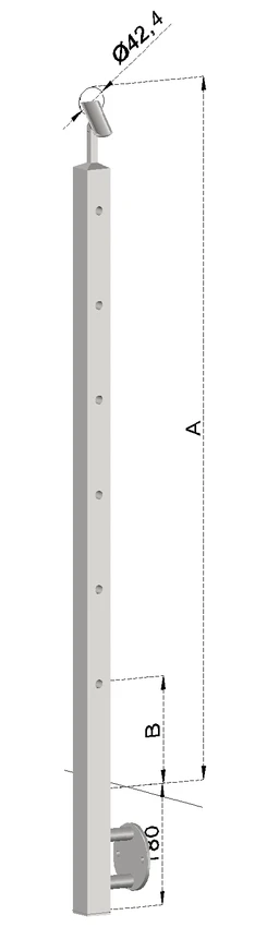 Nerezový sloup, boční kotvení, 6 děrový koncový, pravý, vrch nastavitelný, (40x40 mm), broušená nerez K320 / AISI304