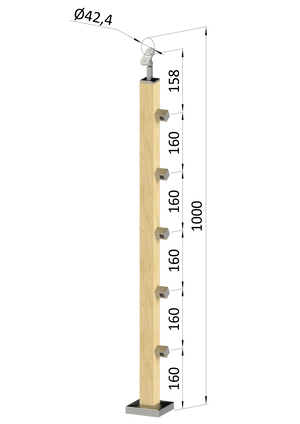 dřevěný sloup, vrchní kotvení, 5 řadový, průchozí, vrch nastavitelný (40x40mm), materiál: buk, broušený povrch bez nátěru - slide 0