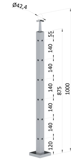 Nerezový sloup, vrchní kotvení, 6 děrový rohový, vrch pevný (40x40mm), broušená nerez K320 /AISI304