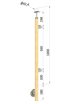 Dřevěný sloup, boční kotvení, výplň: sklo, pravý, vrch pevný (ø 42mm), materiál: buk, broušený povrch s nátěrem BORI (bezbarvý)