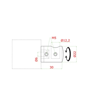 Držák tyče ø 12 mm (koncový-levý) plochý (30x22 mm), broušená nerez K320 / AISI304 - slide 1