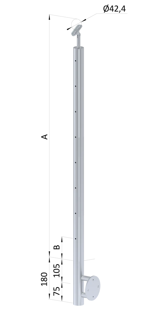 nerezový stĺp, bočné kotvenie, 8 dierový priechodný na lanko, vrch nastaviteľný, (ø 42.4x2mm), brúsená nerez K320 /AISI304