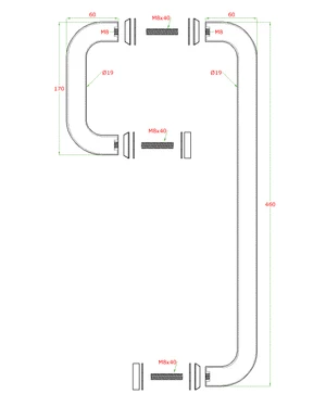 Nerezové madlo na dveře (460mm / ø 19mm), na sklo 8-12mm, broušená nerez K320 /AISI304 - slide 2