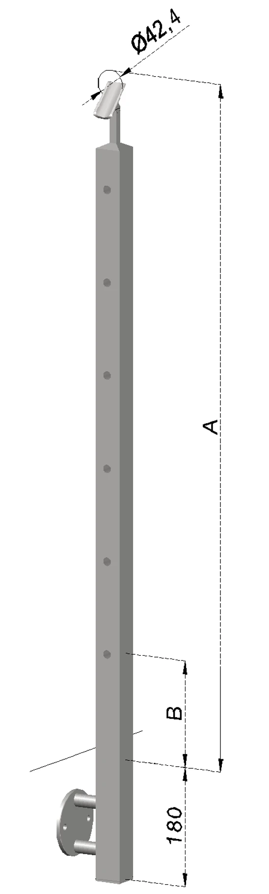 Nerezový sloup, boční kotvení, 6 děrový koncový, levý, vrch nastavitelný, (40x40 mm), broušená nerez K320 / AISI304