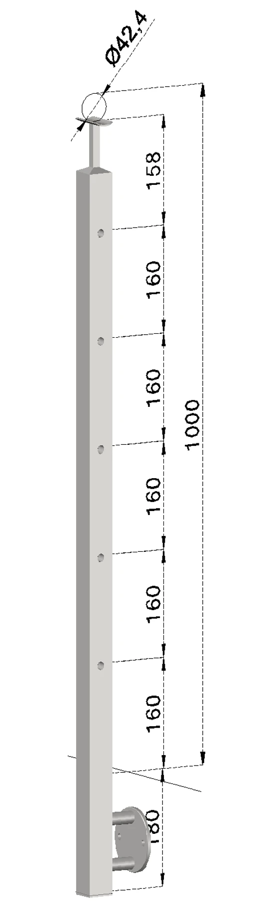 Nerezový sloup, boční kotvení, 5 děrový koncový, pravý, vrch pevný, (40x40 mm), broušená nerez K320 / AISI304