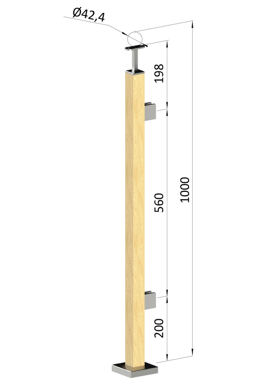 dřevěný sloup, vrchní kotvení, výplň: sklo, pravý, vrch pevný (40x40mm), materiál: buk, broušený povrch bez nátěru
