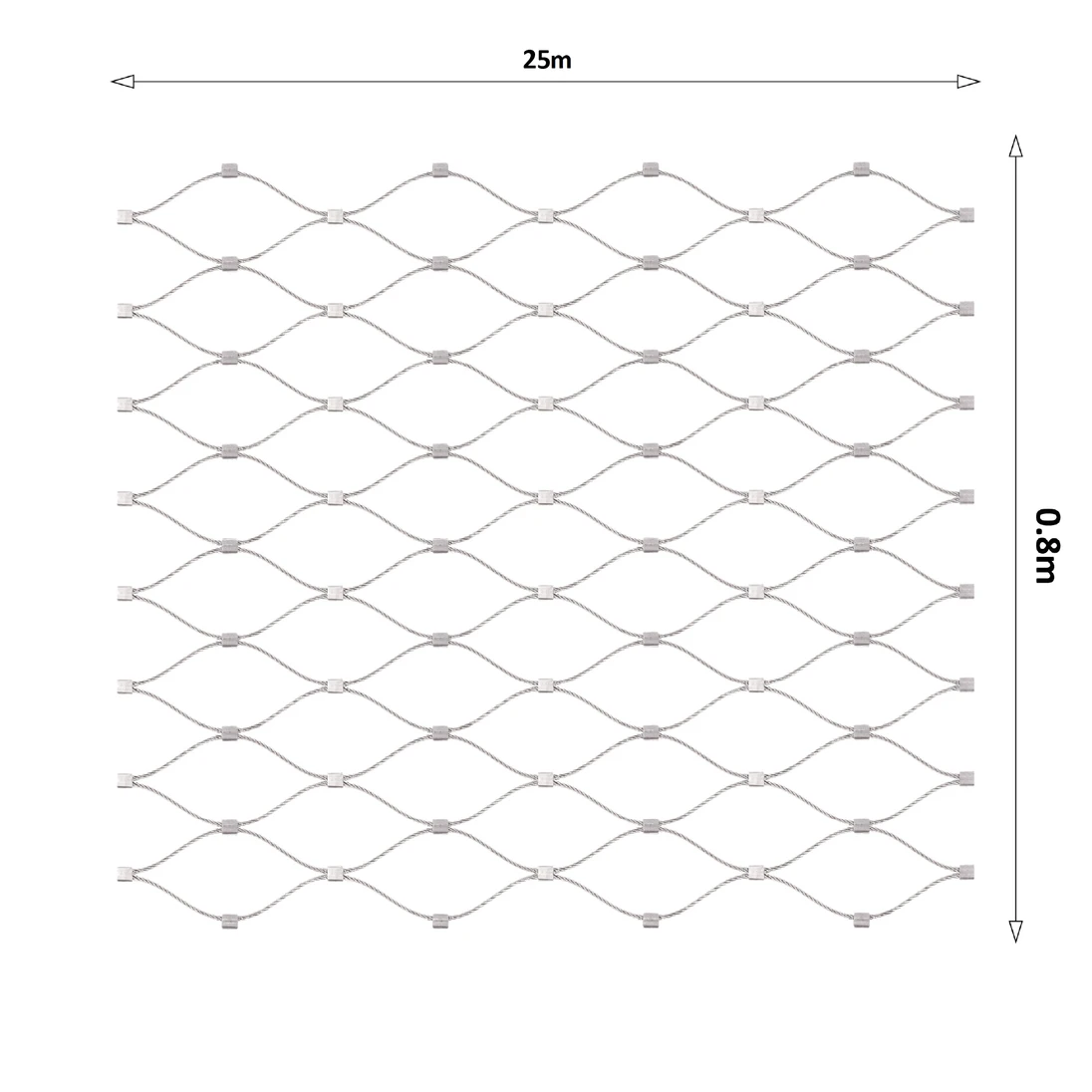 Nerezová lanková sieť, 0,8m x 25m (šxd), oko 60x104 mm, hrúbka lanka 2mm, AISI316 (V nerozloženom stave má sieť 29,8m)