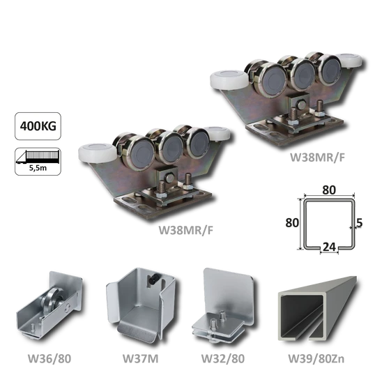 samonosný systém 80x80x5mm posuvnej brány do 400kg/5,5m otvor (W39/80Zn 6m pozinkovaný profil, 2x W38MR/F, 1x W36/80, 1x W37/M, 1x W32/80)