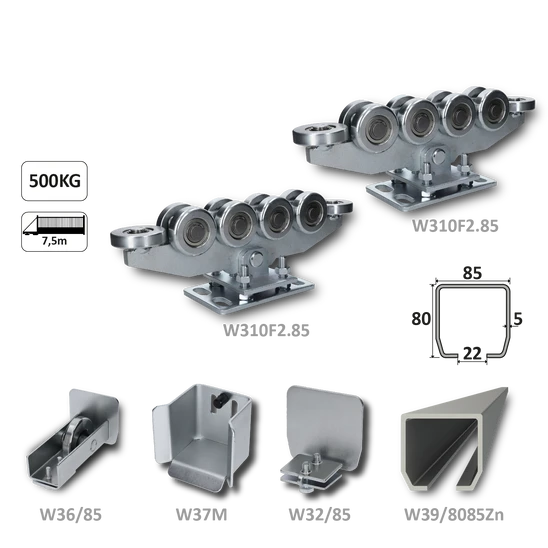 Samonosný systém 80x85x5 mm pro posuvné brány do 500 kg / 7,5 m průjezd (W39/8085Zn 6 m pozinkovaný profil, 2x W310F2.85, 1x W36/85, 1x W37M, 1x W32/85)