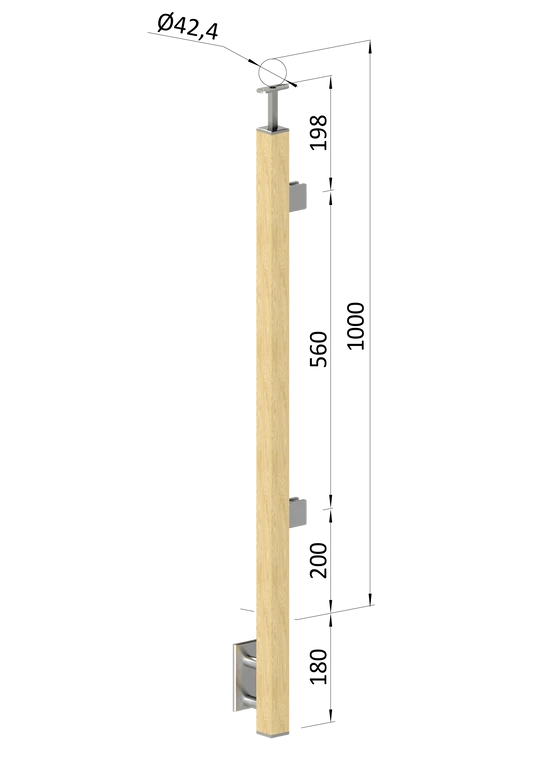 Dřevěný sloup, boční kotvení, výplň: sklo, koncový, pravý, vrch pevný (40x40 mm), materiál: buk, broušený povrch bez nátěru