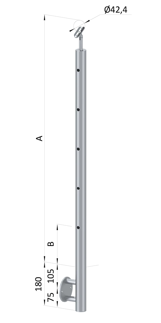 nerezový stĺp, bočné kotvenie, 5 dierový koncový, ľavý, vrch nastaviteľný (ø 42.4x2mm), brúsená nerez K320 /AISI316
