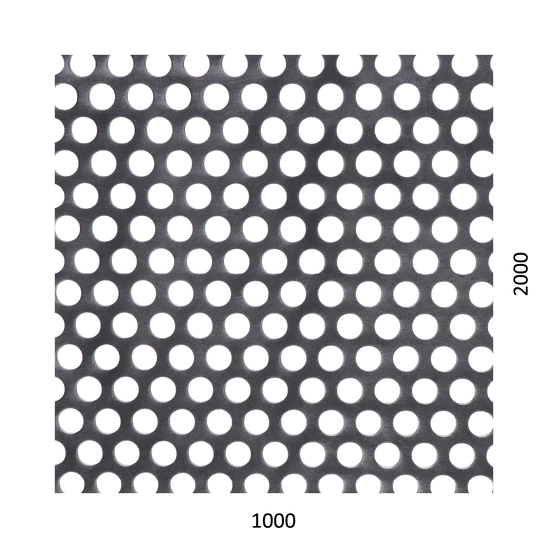 Děrovaný plech kruhový přesazený Fe, otvor: ø 10 mm, rozteč: 15 mm, (1000x2000x1 mm)