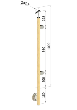 Dřevěný sloup, boční kotvení, výplň: sklo, pravý, vrch nastavitelný (ø42 mm), materiál: buk, broušený povrch bez nátěru