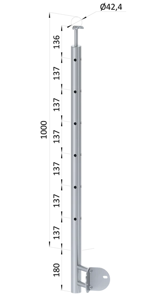 nerezový stĺp, bočné kotvenie rohové, 6 dierový, rohový:90°, vrch pevný (ø 42.4x2mm), brúsená nerez K320 /AISI304 - slide 0