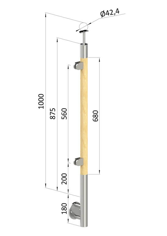 dřevěný sloup, boční kotvení, výplň: sklo, levý, vrch pevný (ø 42mm), materiál: buk, broušený povrch s nátěrem BORI (bezbarvý)