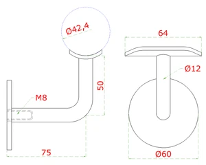 Držák madla ø42,4mm na stěnu, leštěná nerez AISI304 - slide 1