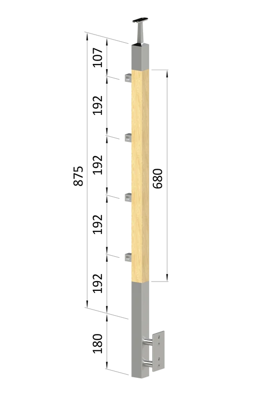 drevený stĺp, bočné kotvenie, 4 radový, priechodný, vonkajší, vrch pevný (40x40mm), materiál: buk, brúsený povrch s náterom BORI (bezfarebný)