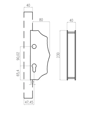 Kazetová zostava pre bránku 230x93x40mm, otvor pre kľučku ø 20mm, na profil 40x40mm, zdobená, pre zámok ZM90/80 - slide 1