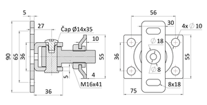 Záves M16 s platňou 75 x 55 mm, otvárateľný 90°, nastaviteľný, nerezový - slide 1