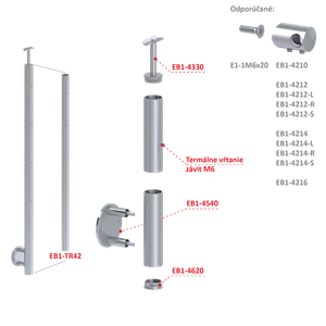 Nerezový sloup, boční kotvení, bez výplně, 4 řadový se závitem M6, vnější, vrch pevný, (ø 42.4x2mm), broušená nerez K320 /AISI304 - slide 1