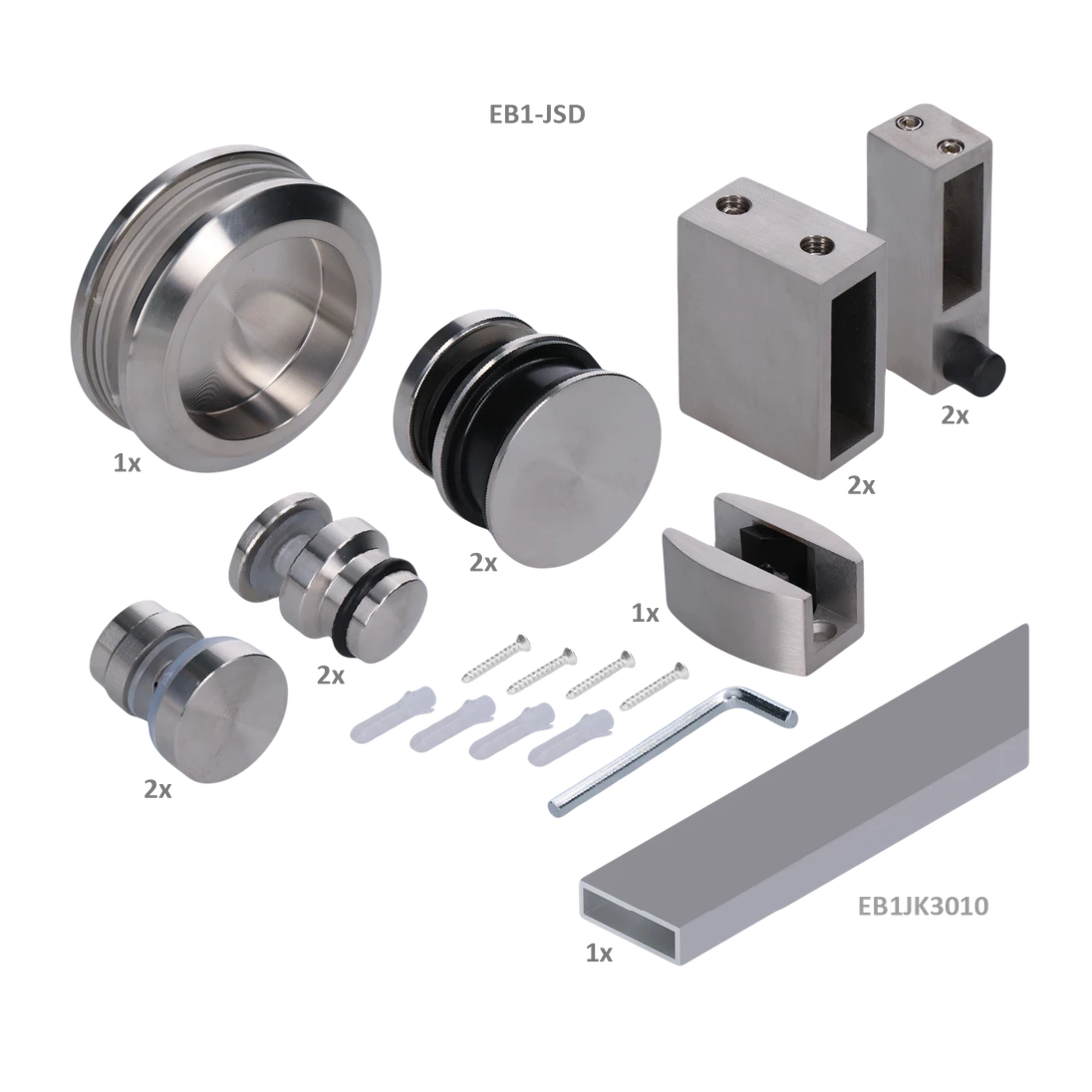 závesný systém - set na sklenené dvere pre profil 30x10mm, (hrúbka skla: 8.00 - 12.00mm), set obsahuje 2 metre EB1-JK30x10, brúsená nerez K320/AISI 304