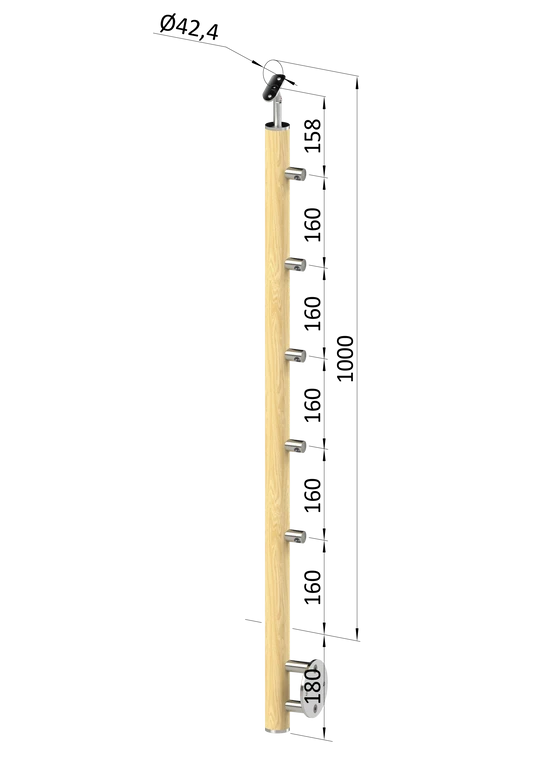 drevený stĺp, bočné kotvenie, 5 radový, priechodný, vnútorný, vrch nastaviteľný (ø 42mm), materiál: buk, brúsený povrch bez náteru