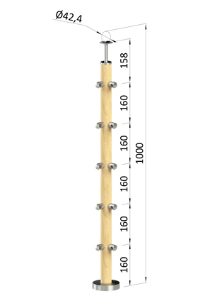drevený stĺp, vrchné kotvenie, 5 radový, rohový: 90°, vrch pevný (ø 42mm), materiál: buk, brúsený povrch s náterom BORI (bezfarebný) - slide 0