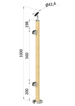 drevený stĺp, vrchné kotvenie, výplň: sklo, ľavý, vrch nastaviteľný (ø 42mm), materiál: buk, brúsený povrch bez náteru - slide 0