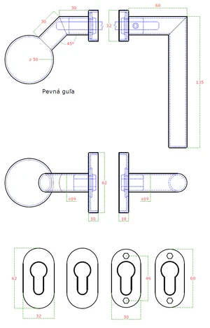 kľučka (ľavá) + guľa (pevná), vyhnutá vrátane dolnej rozety, balenie: 1ks kľučka (ľavá), 1ks guľa, 2ks dolná oválna rozeta,brúsená nerez AISI304 - slide 2