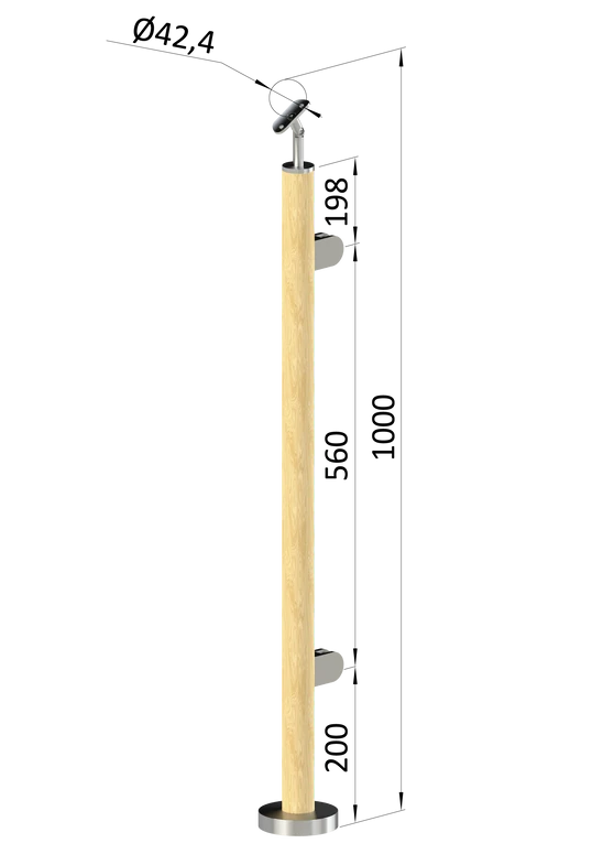 dřevěný sloup, vrchní kotvení, výplň: sklo, pravý, vrch nastavitelný (ø 42mm), materiál: buk, broušený povrch s nátěrem BORI (bezbarvý)