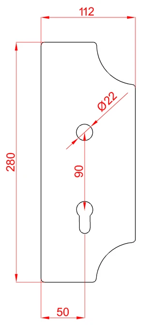 DOPREDAJ! Štít 280x112x3mm s otvormi, rozteč 90mm, otvor na kľučku ø 22mm, zdobený, pravý - slide 1